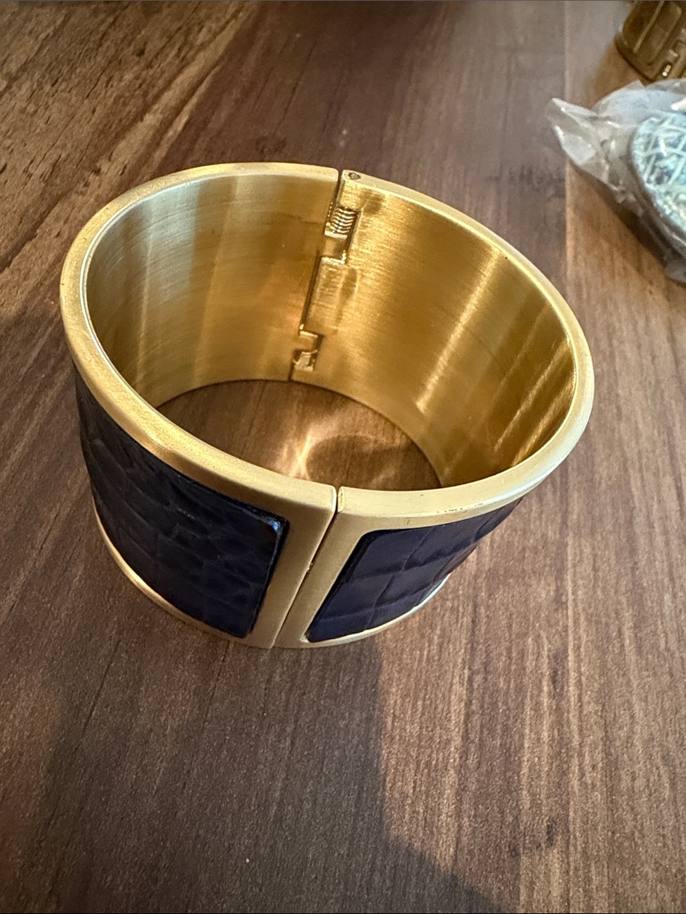 Brahmin Wide Navy Croc-Embossed Leather Cuff with Gold-Tone Trim - Picture 2 of 3